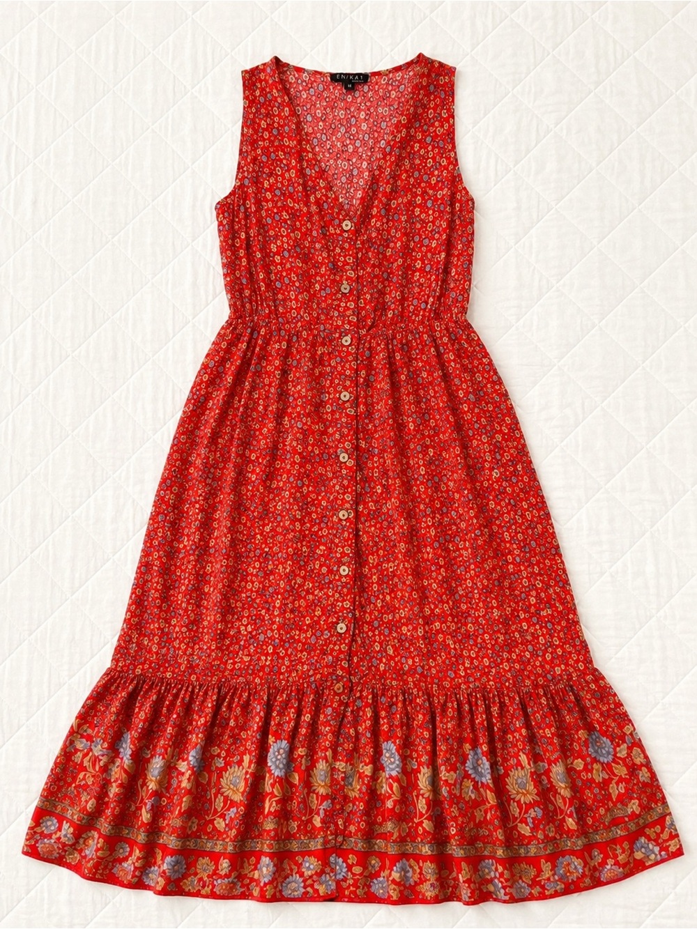 Red Floral Midi Dress with faux Button Front